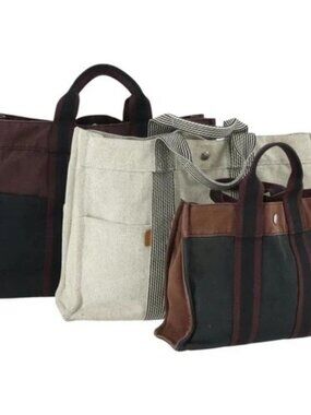 HERMES Fourre Tout Hand Bag Canvas 3 Set Gray Black Navy Auth 149836